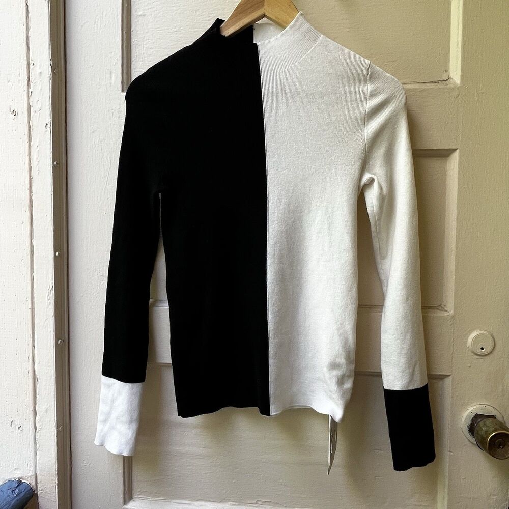 Commense Sweater S Black Colorblock avantegarde Retro mock neck knit stretch New